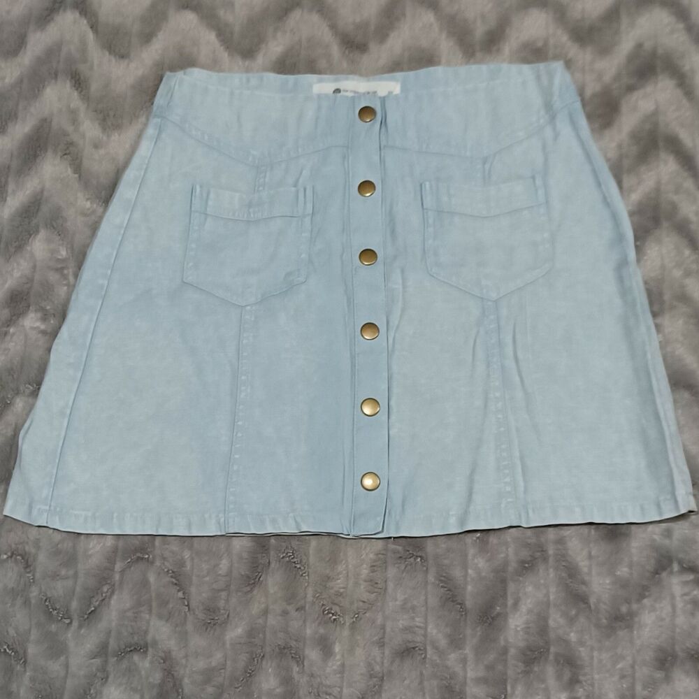 The Impeccable Pig Womens Size XS Blue Cotton Blend Front Button Up Mini Skirt
